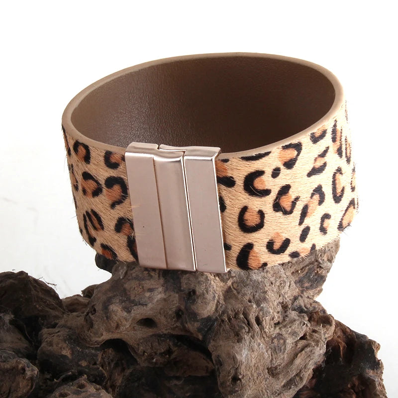 Leopard Horsetail Leather Wrap Bracelet Magnetic Clasp for Women