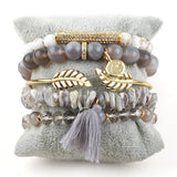 6pc Leaf Bangle Bracelets Set Tassel Charm Beaded Bracelet Sets Women's Jewelry