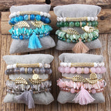 6pc Leaf Bangle Bracelets Set Tassel Charm Beaded Bracelet Sets Women's Jewelry
