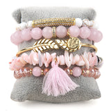 6pc Leaf Bangle Bracelets Set Tassel Charm Beaded Bracelet Sets Women's Jewelry