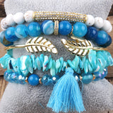 6pc Leaf Bangle Bracelets Set Tassel Charm Beaded Bracelet Sets Women's Jewelry