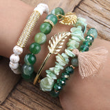 6pc Leaf Bangle Bracelets Set Tassel Charm Beaded Bracelet Sets Women's Jewelry