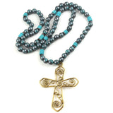 10mm CCB Bead Long Knotted Metal Cross Pendant Necklace