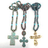 10mm CCB Bead Long Knotted Metal Cross Pendant Necklace