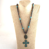 10mm CCB Bead Long Knotted Metal Cross Pendant Necklace