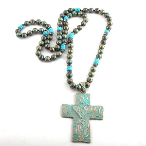 10mm CCB Bead Long Knotted Metal Cross Pendant Necklace