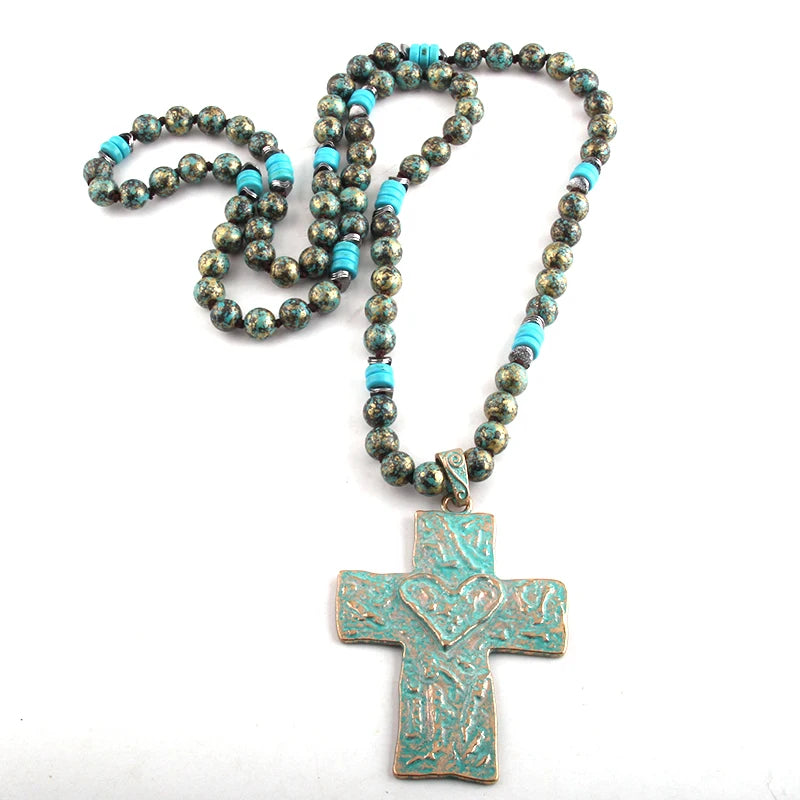10mm CCB Bead Long Knotted Metal Cross Pendant Necklace