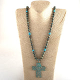 10mm CCB Bead Long Knotted Metal Cross Pendant Necklace