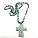 10mm CCB Bead Long Knotted Metal Cross Pendant Necklace