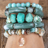 Bohemian Beaded Bracelets Set - Big Elbow & Faceted Stone - 5pc Stack - Gift