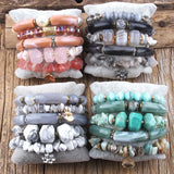Bohemian Beaded Bracelets Set - Big Elbow & Faceted Stone - 5pc Stack - Gift