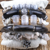 Bohemian Beaded Bracelets Set - Big Elbow & Faceted Stone - 5pc Stack - Gift