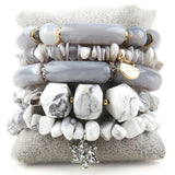 Bohemian Beaded Bracelets Set - Big Elbow & Faceted Stone - 5pc Stack - Gift
