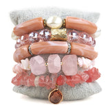 Bohemian Beaded Bracelets Set - Big Elbow & Faceted Stone - 5pc Stack - Gift