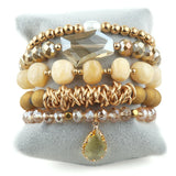 Boho Bracelet Set Beige 5pc Stack Bracelets for Women
