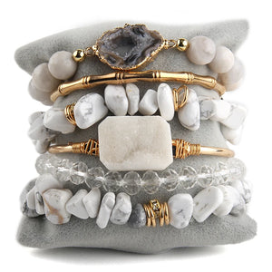Boho Stone Bead & Druzy Charm Bracelet Set for Women