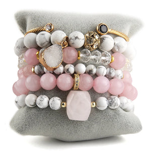 Boho Stone Bead & Druzy Charm Bracelet Set for Women