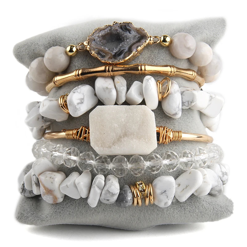 Boho Stone Bead & Druzy Charm Bracelet Set for Women