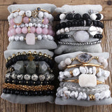 Boho Stone Bead & Druzy Charm Bracelet Set for Women