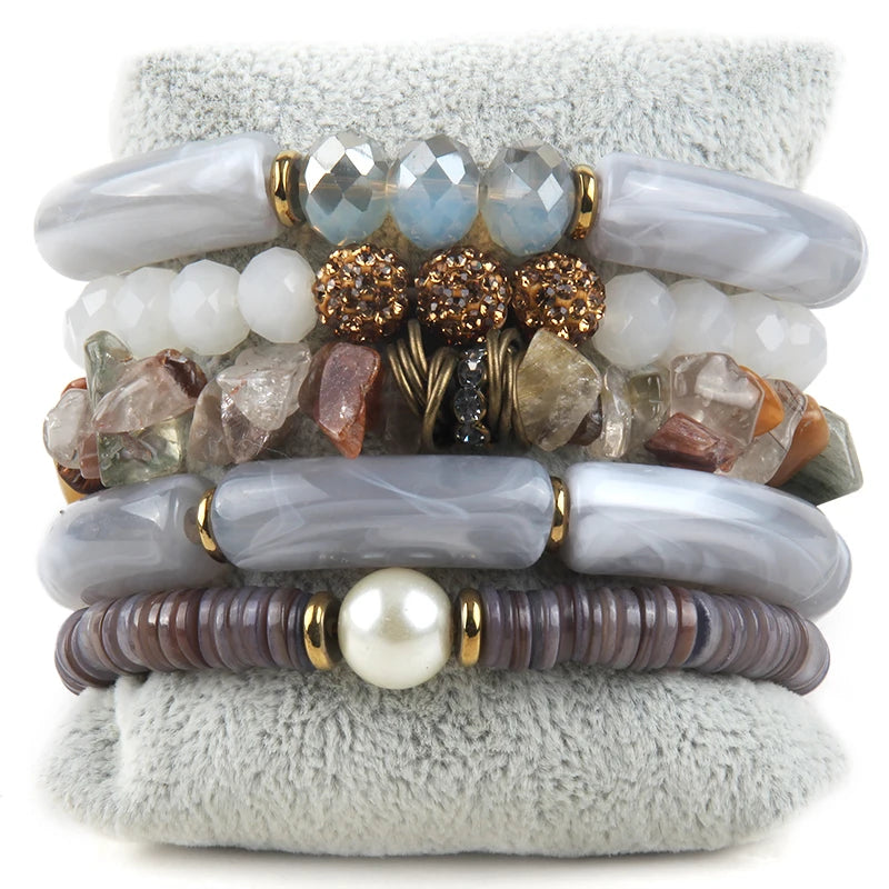 Bohemia Jewelry Elbow Beaded Stone 5pc Stack Bracelets Set For Women