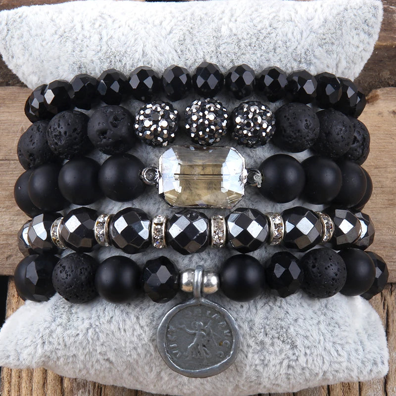 Bohemia Jewelry Beaded Stone 5pc and Charm Stack Beads Bracelets Set