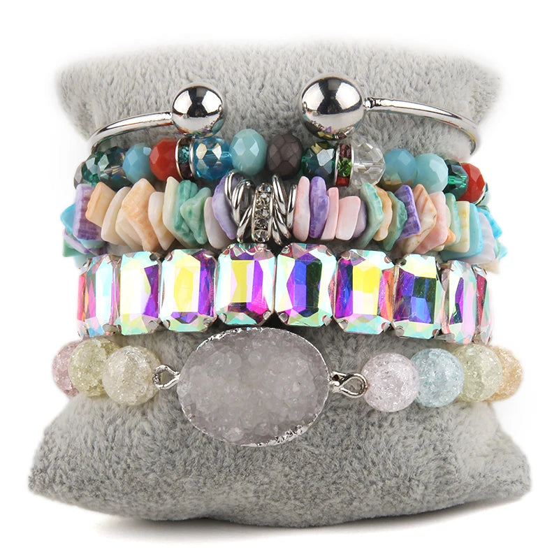 Bohemia Crystal Bracelet Set with Druzy Charm - 5pc Stack Bracelets for Women