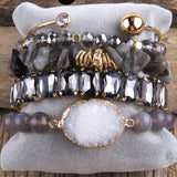 Bohemia Crystal Bracelet Set with Druzy Charm - 5pc Stack Bracelets for Women