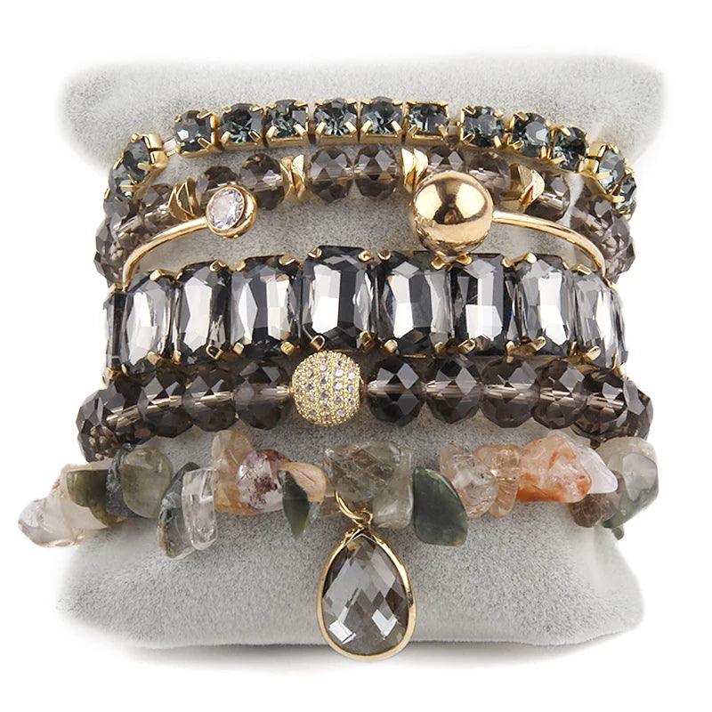 Bohemia Crystal Bracelet Set Stone/Crystal Beaded Drop Charm 6pc Stack Bracelets