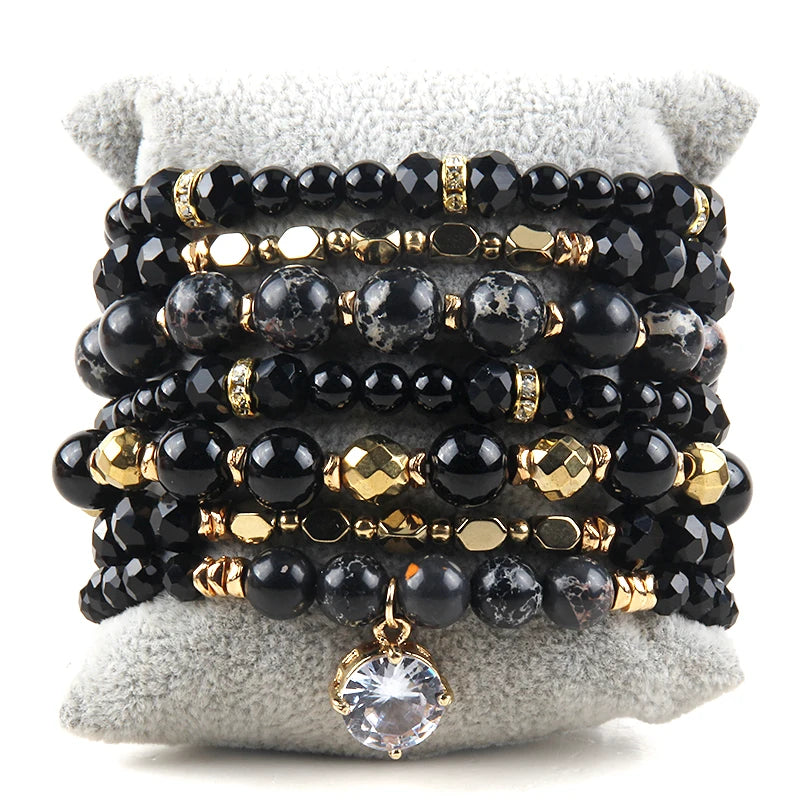 Bohemia Jewelry Stack Bracelets Set with Stone Beads and Charms
