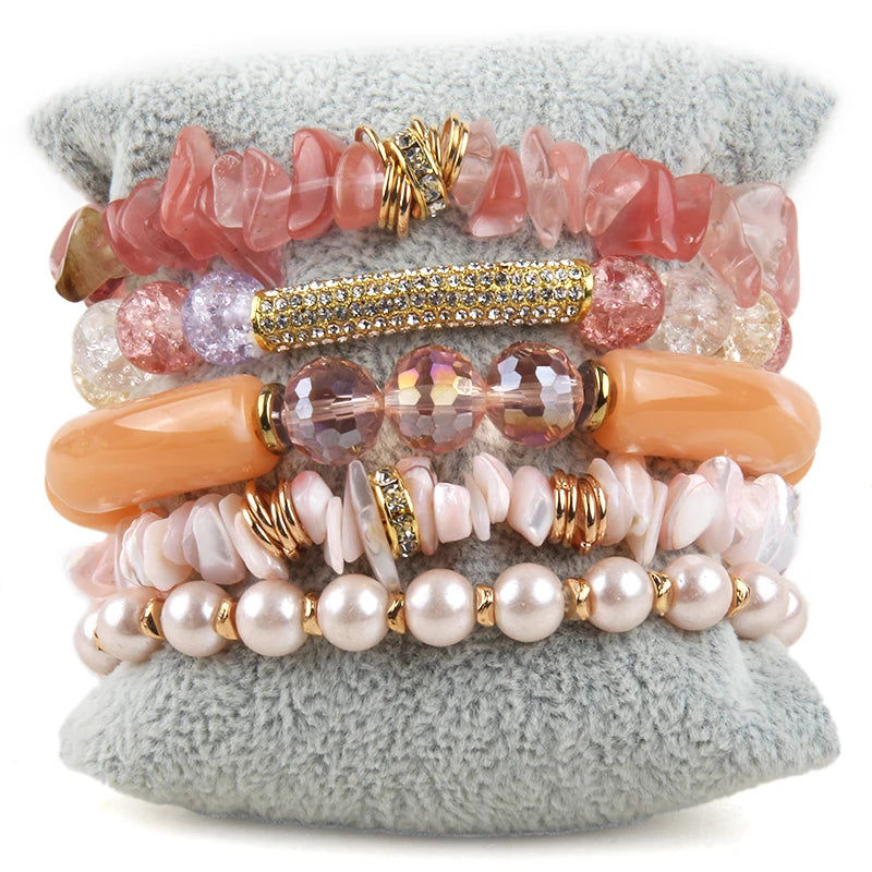 Bohemia Multicolor Beaded Stone/Crystal 5pc Bracelets Set For Women