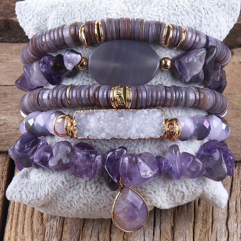 Bohemia Natural Stone Beaded Crystal Charm 5pc Stack Bracelets Set Gift