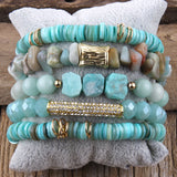 Bohemia Natural Stone Beaded Crystal Charm 5pc Stack Bracelets Set Gift