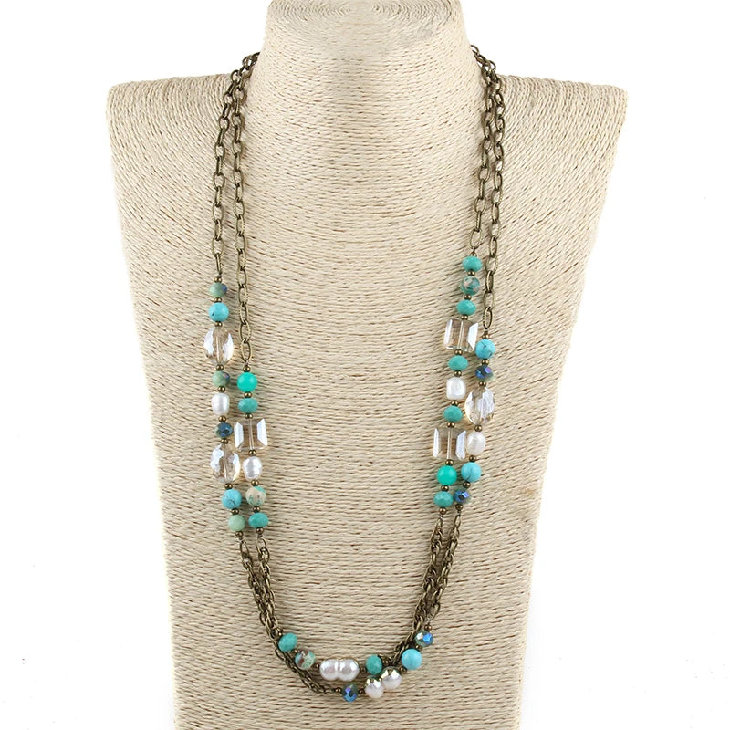 Bohemian 2 Layer Glass Stones Chain Long Necklace Women Boho Gift
