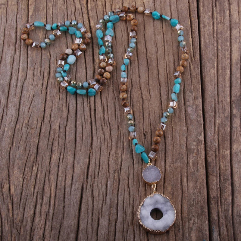 Bohemian 6mm Stone Druzy Pendant Boho Necklace for Women