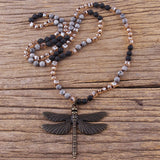 Boho Dragonfly Pendant Necklace with 6mm Stones for Women