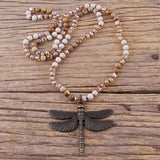 Boho Dragonfly Pendant Necklace with 6mm Stones for Women