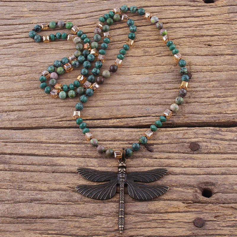 Boho Dragonfly Pendant Necklace with 6mm Stones for Women