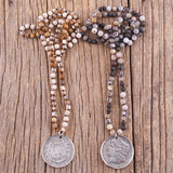Boho Pendant Necklace 6mm Stones Metal Round Pendant