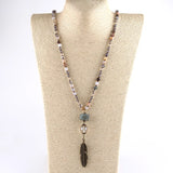Boho Stone Link Necklace With Metal Leaf Pendant