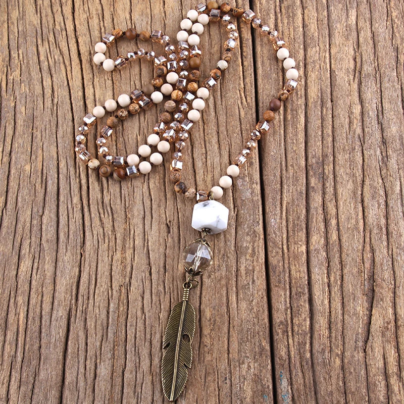 Boho Stone Link Necklace With Metal Leaf Pendant