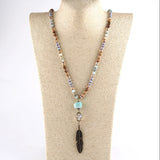 Boho Stone Link Necklace With Metal Leaf Pendant