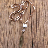 Boho Stone Link Necklace With Metal Leaf Pendant