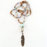 Boho Stone Link Necklace With Metal Leaf Pendant