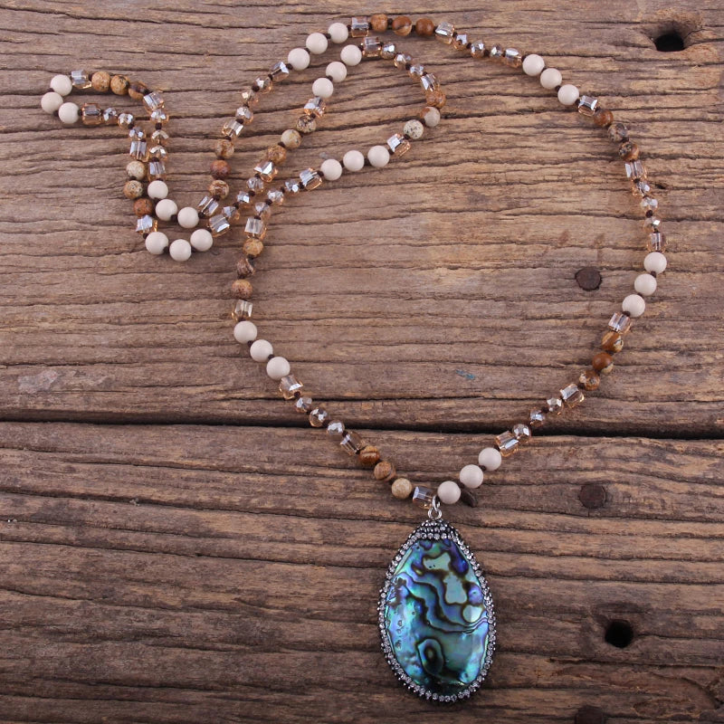 Bohemian 6mm Stone Pendant Necklace with Paved Sea Shells
