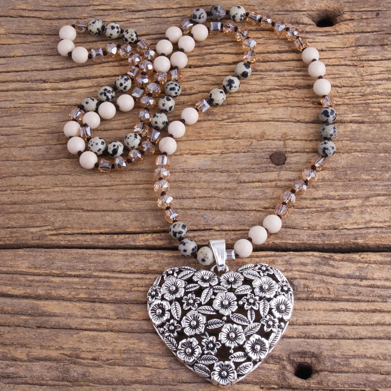 Boho Necklace with 8mm Stones and Heart Pendant