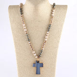 Boho Crystal Cross Pendant Necklace 8mm Stones Women Gift