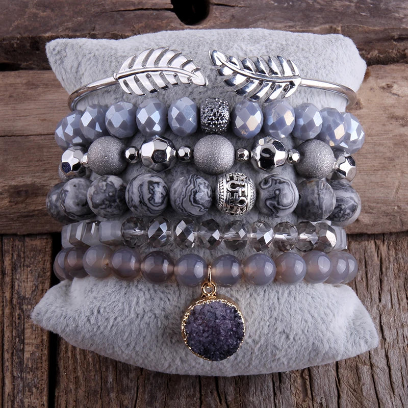 Bohemian Jewelry Beaded Bracelet Set 6pc Natural Stone & Crystal Women Boho Gift