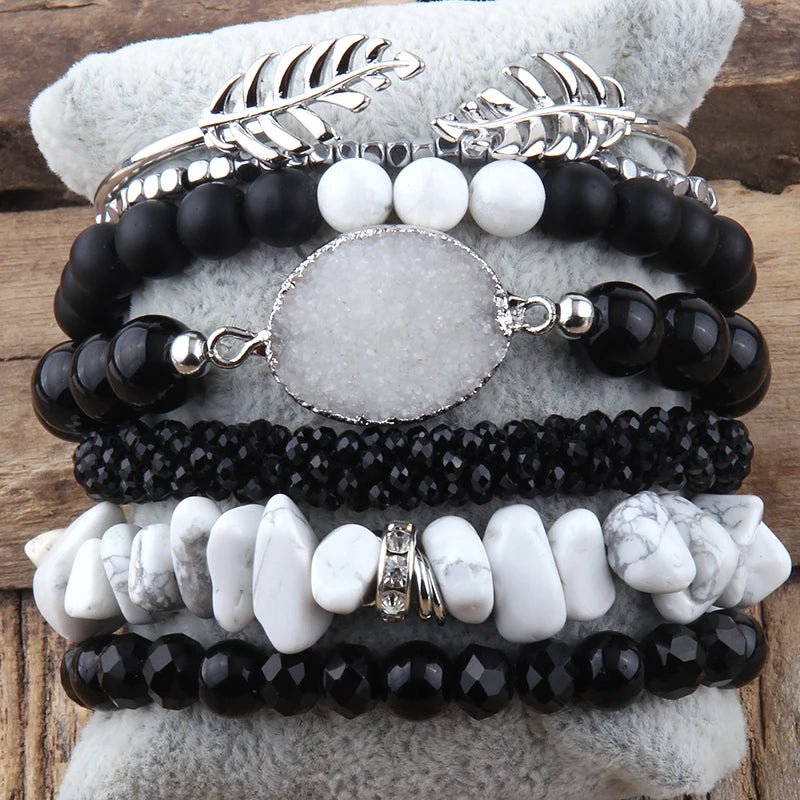 Boho Jewelry Set Silver Beaded Bracelets Charms Stack