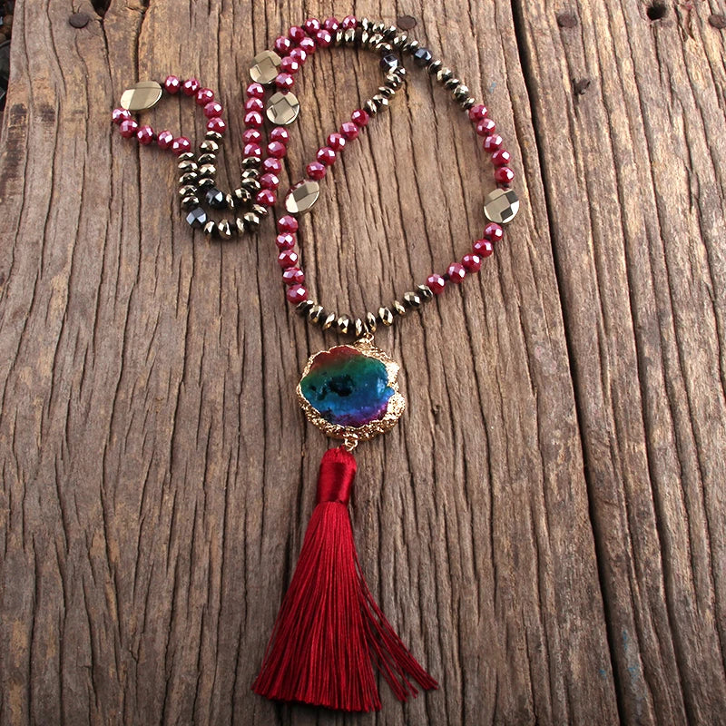 Boho Crystal & Hematite Druzy Stone Tassel Necklace