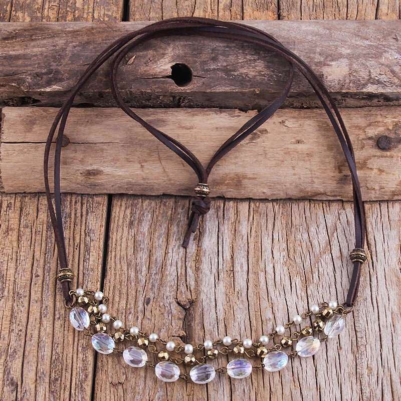 Bohemian Crystal Rosary Leather Necklace for Women